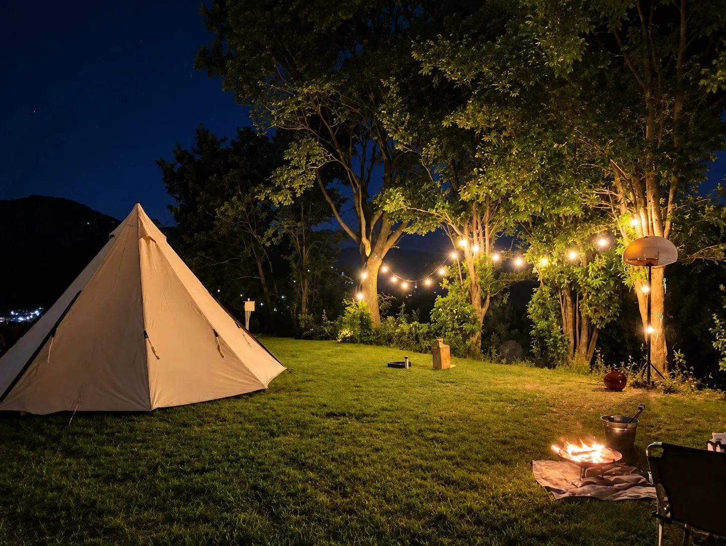 夜の芝生に張ったテントと、木に吊るした電球の明かり、焚き火